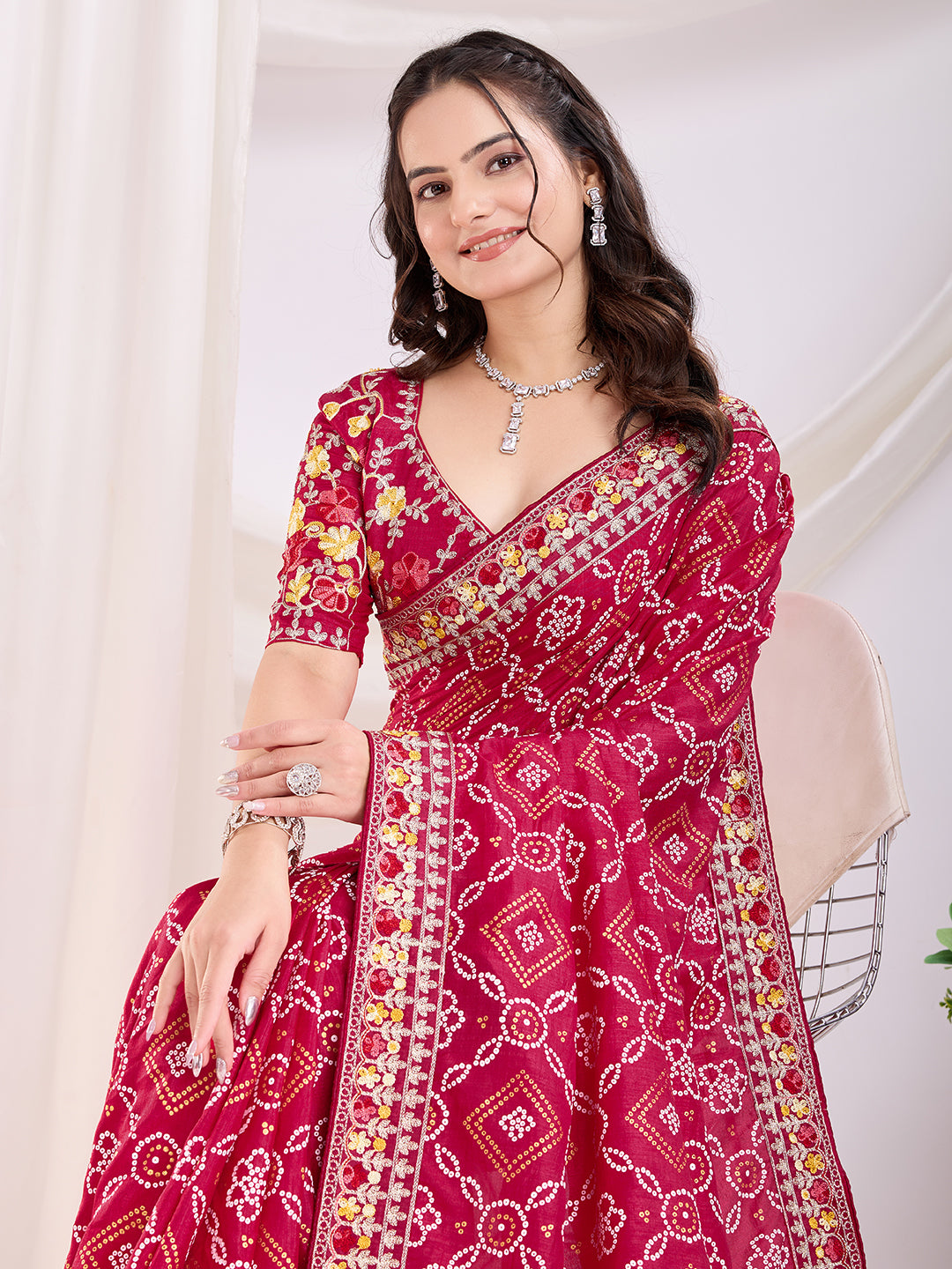 Evening Wear Red Color Vichitra Silk Designer Saree For Party