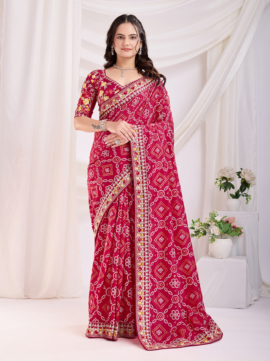 Evening Wear Red Color Vichitra Silk Designer Saree For Party