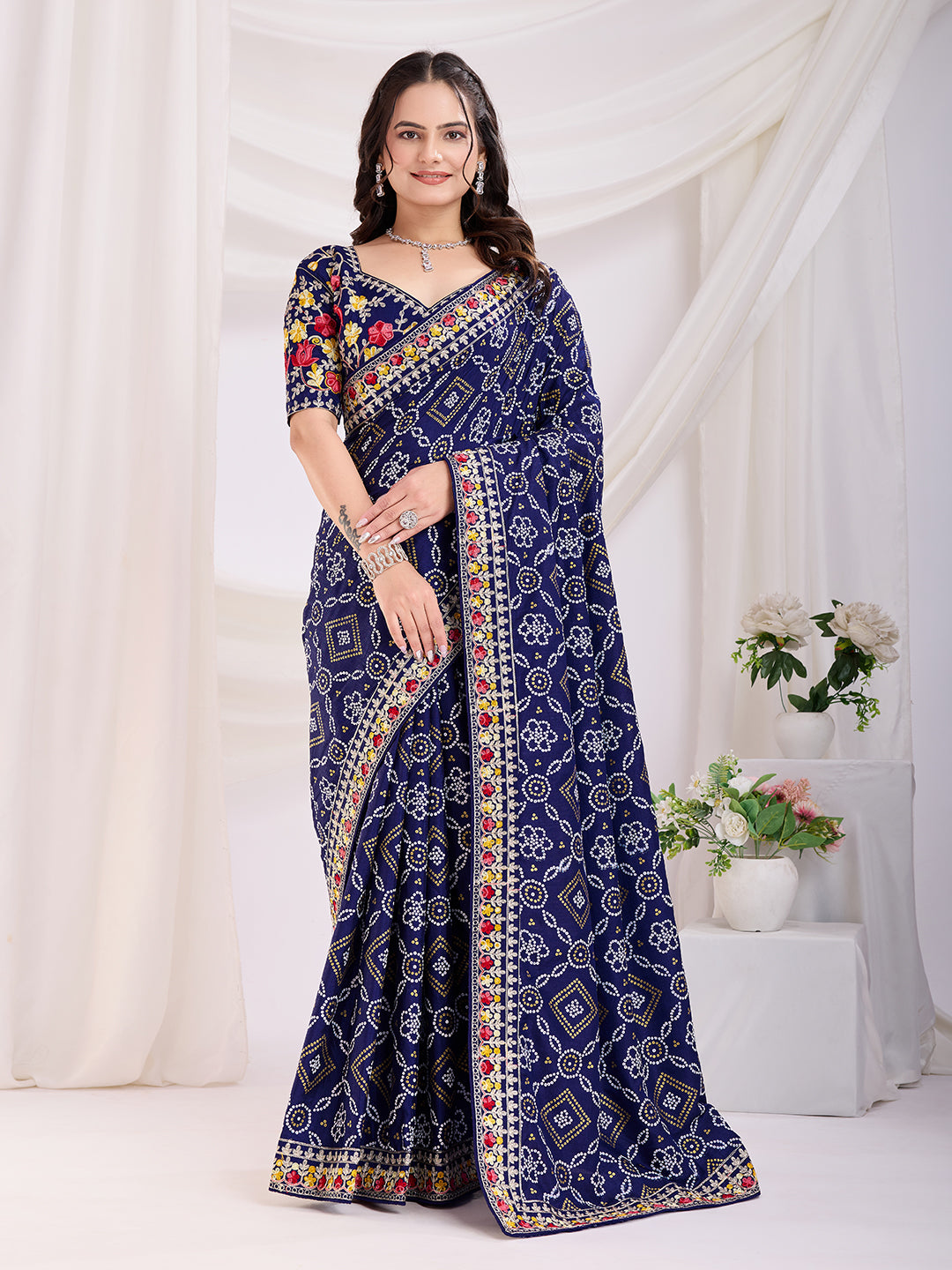 Blue color vichitra silk saree with blouse Price