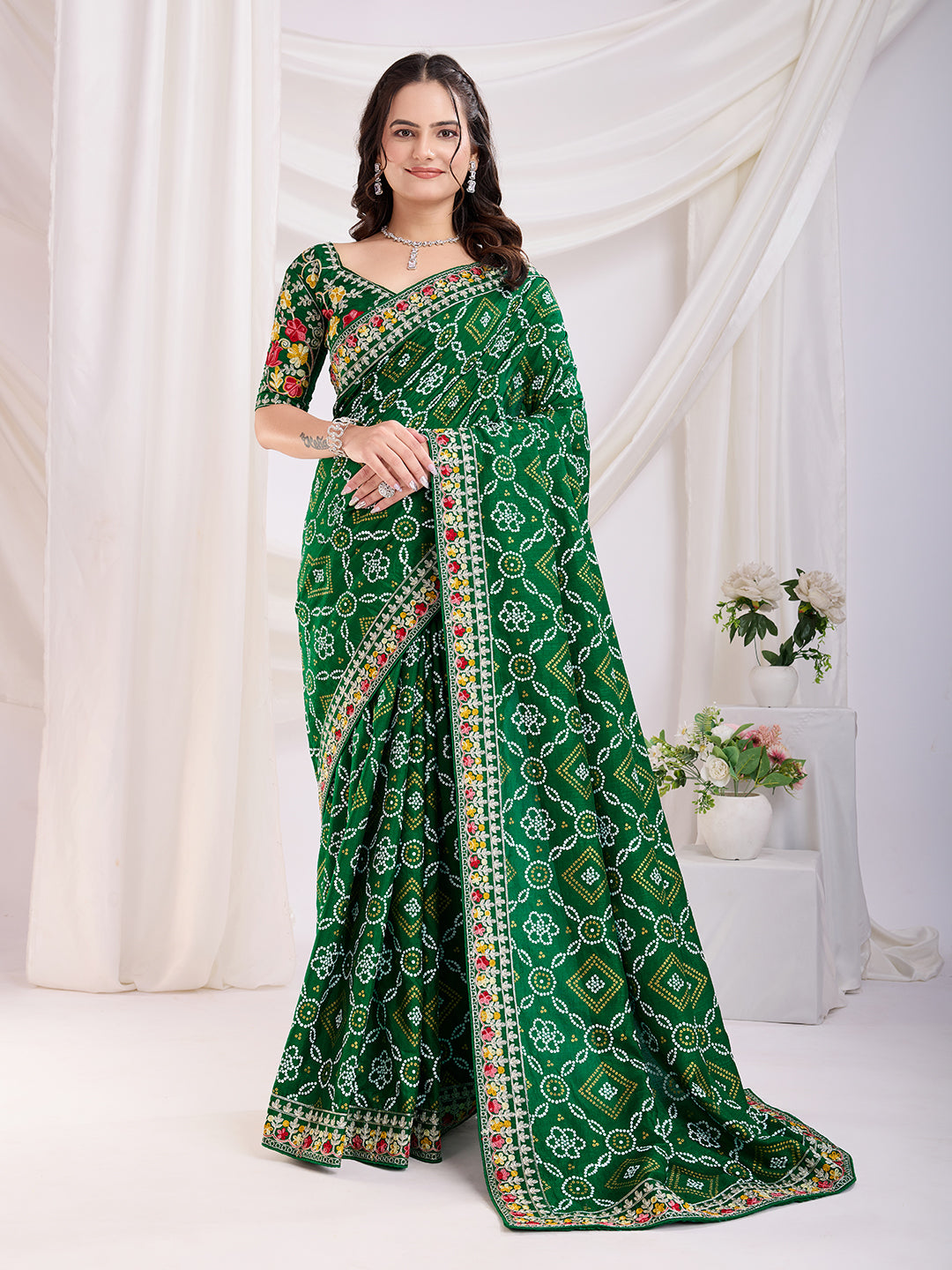 Green color vichitra silk saree for women