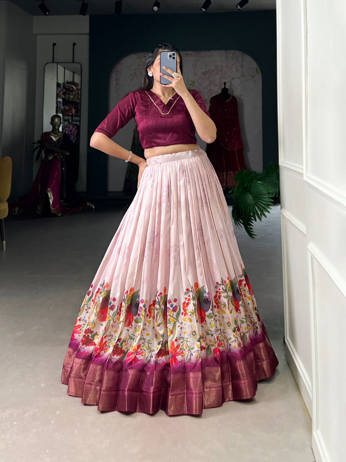 Wine color floral design lehenga with blouse online shopping