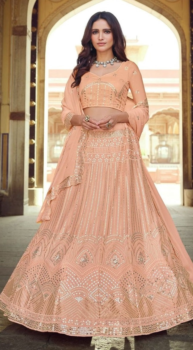Peach Heavy Georgette Lehenga Choli For Wedding Party