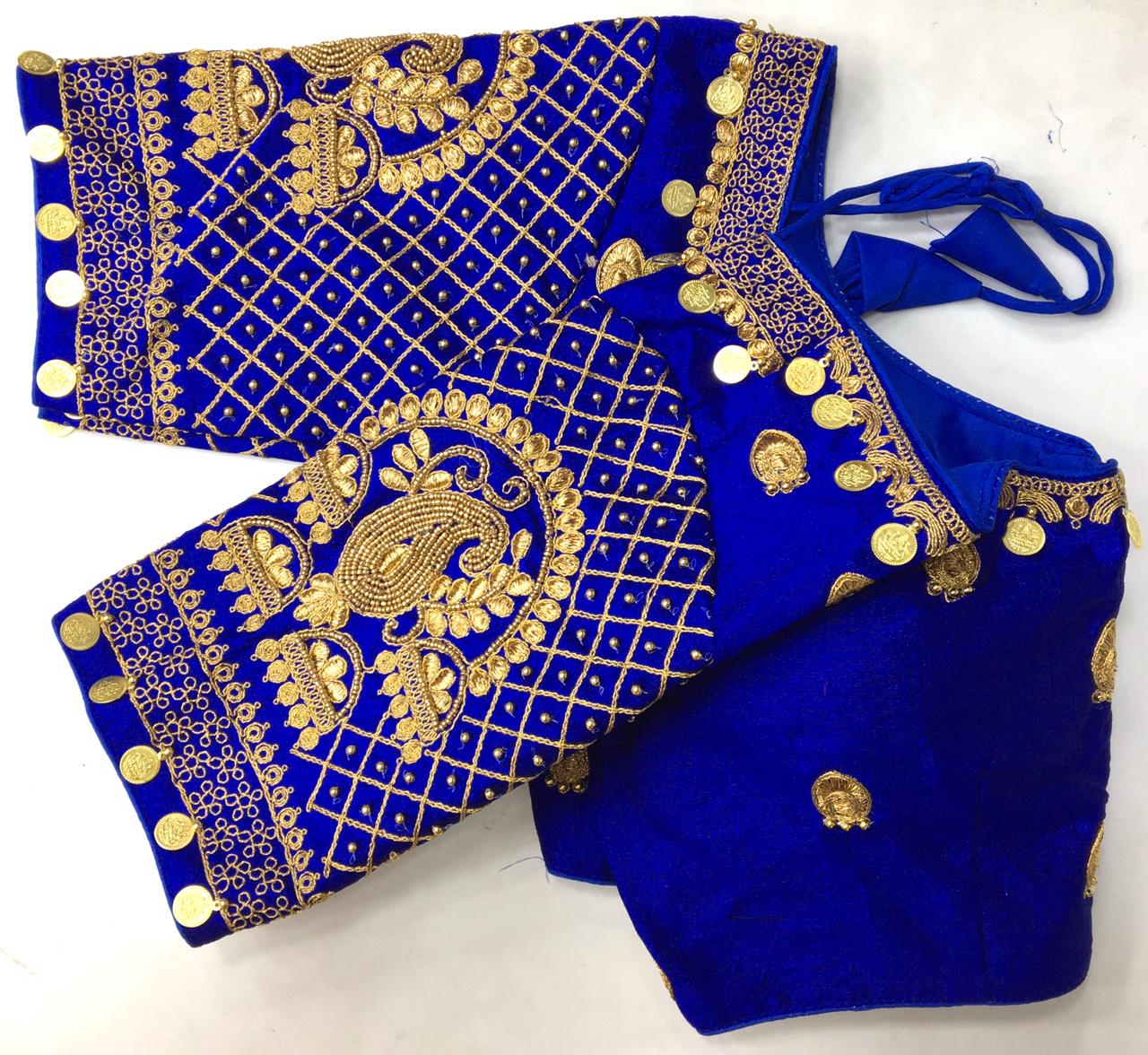 Blue color silk codding work sarees blouse images