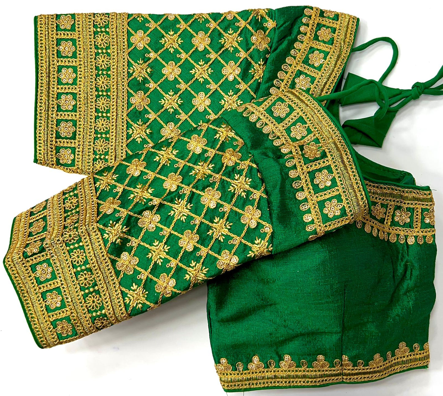 Green color silk sequins work saree blouse design