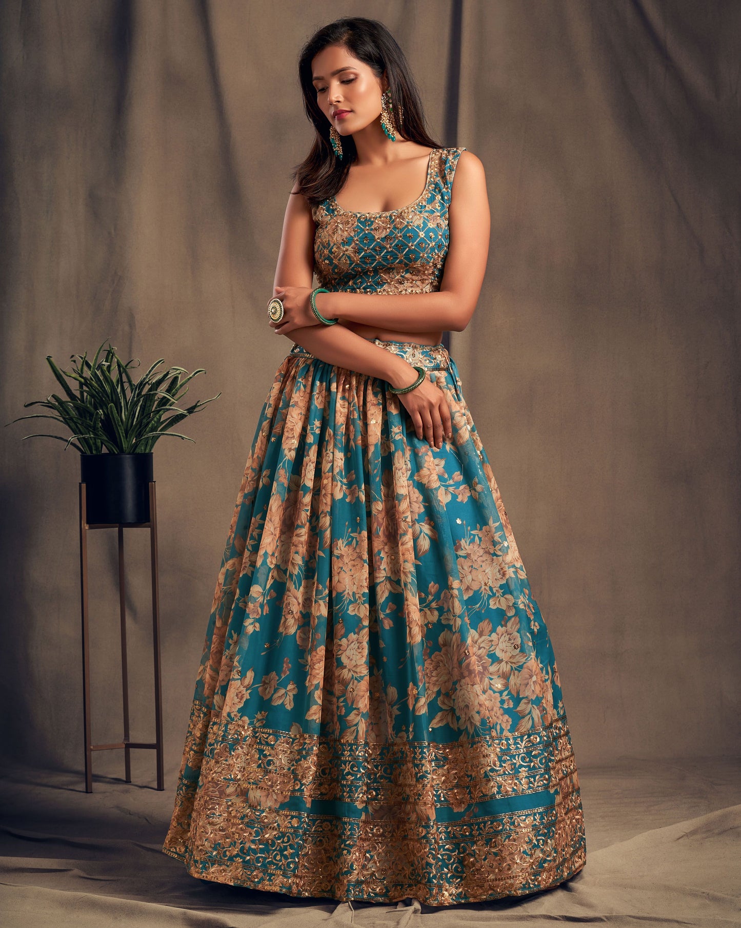 Teal blue organza lehenga choli with price