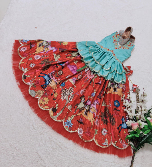 Red color chinon silk lehenga choli for small girls price