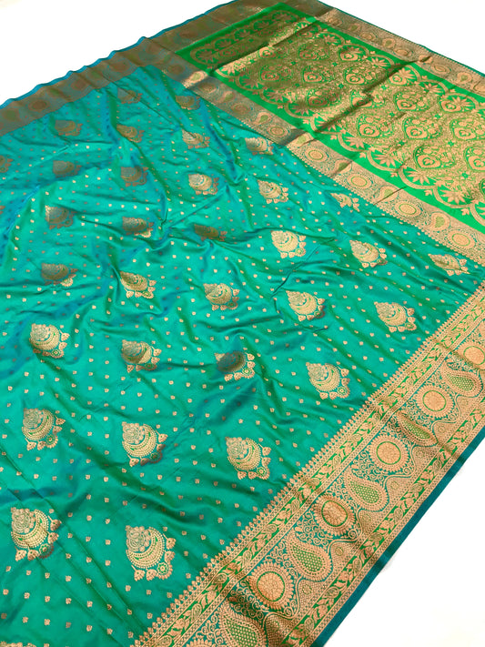 Rama color banarasi silk saree for wedding