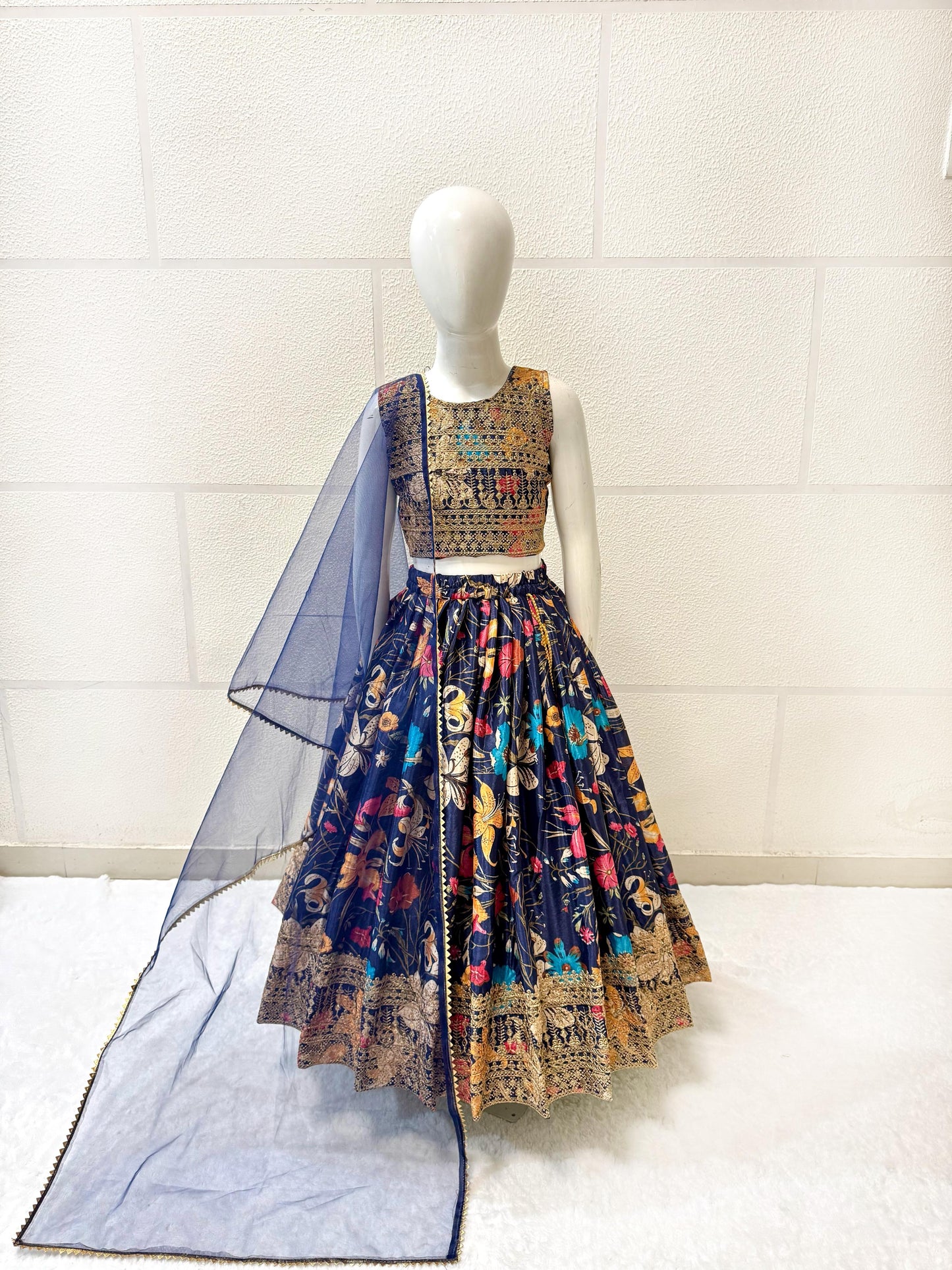 Blue color chinon silk kids lehenga choli