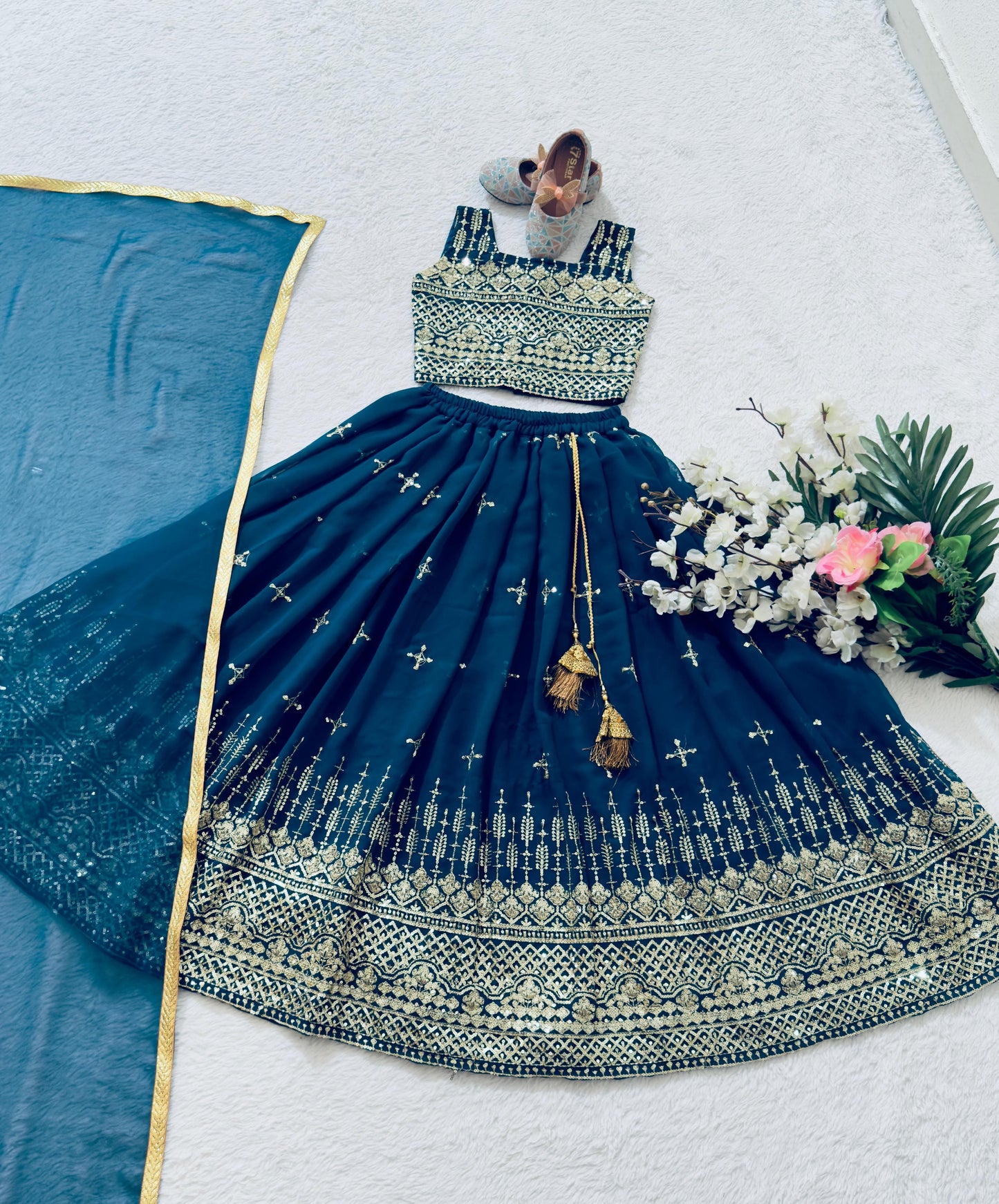 Teal blue color georgette lehenga choli for small girls images