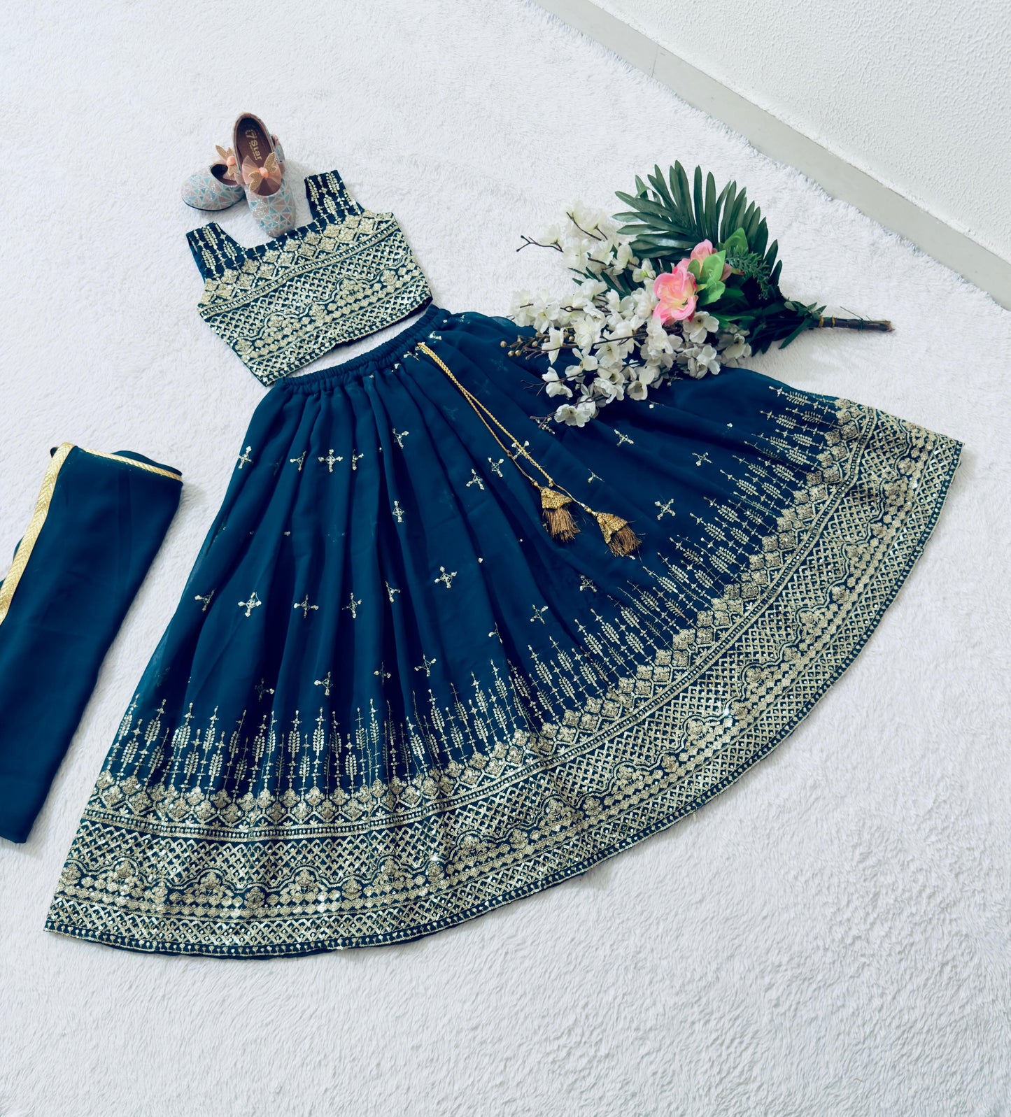 Teal blue color georgette lehenga choli for small girls design