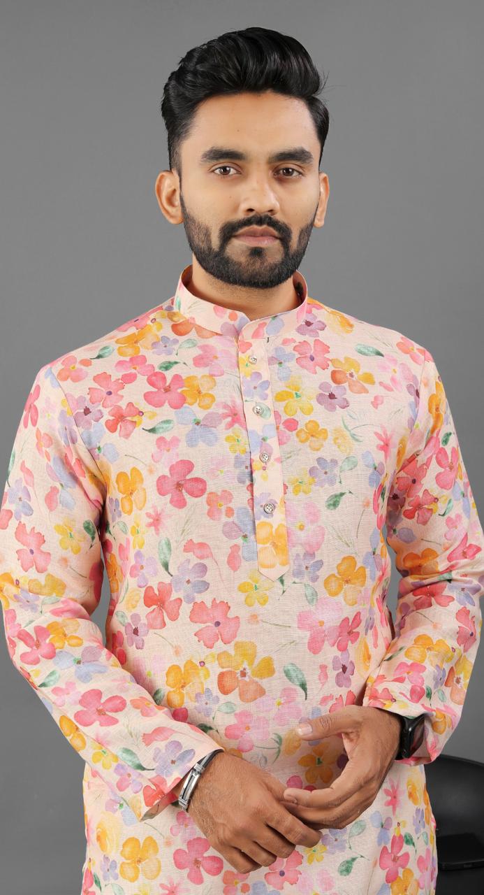 Pink color linen kurta for men's