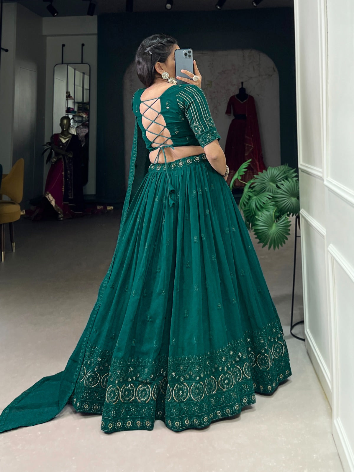 Dark green georgette lehenga choli for women
