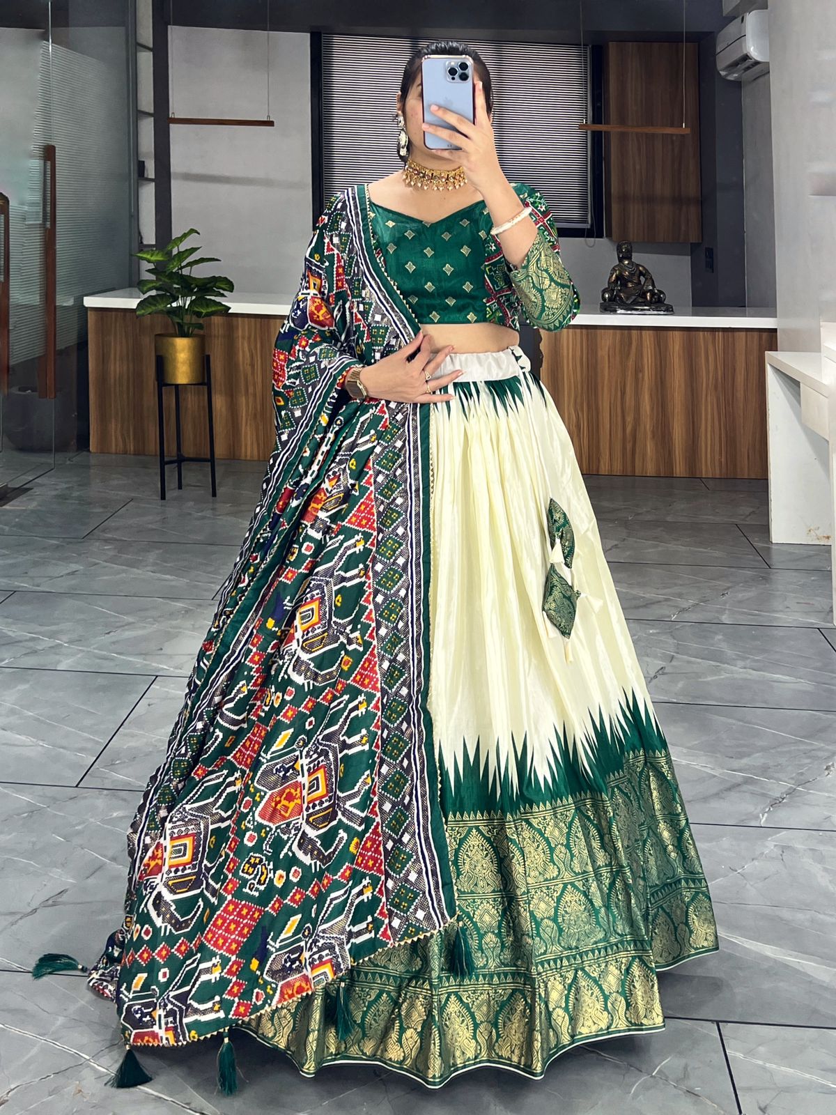 Green color patola printed lehenga choli