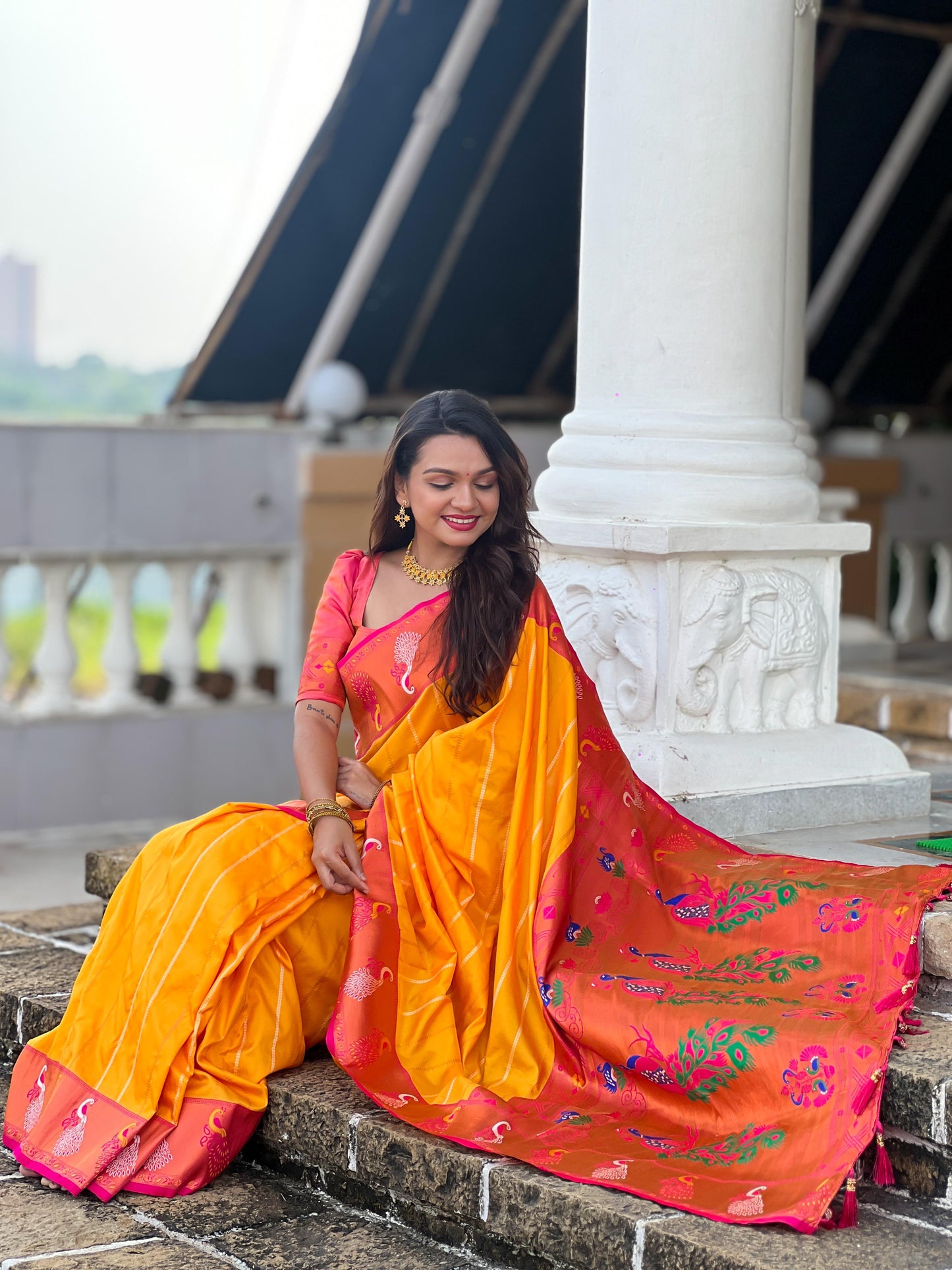 Yellow color paithani silk saree for women images