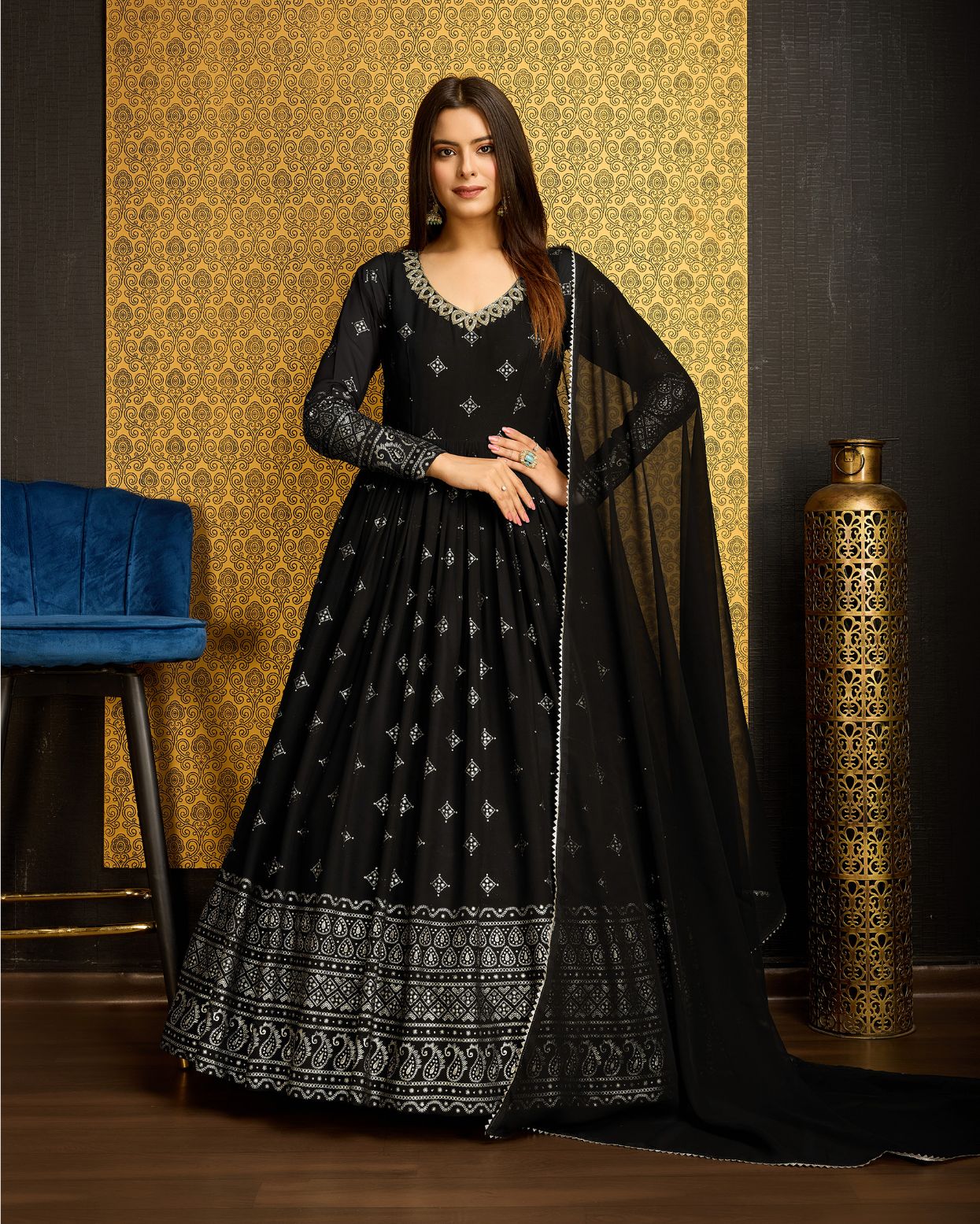 Buy Black Foil Work Georgette Gown With Dupatta Online At Zeel Clothing L Buy Black Foil Work Georgette Gown With Dupatta Online At Zeel Clothing L