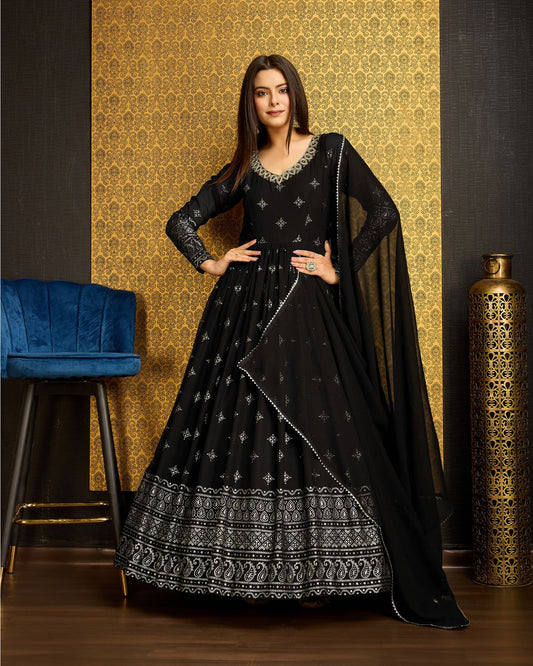 Midi black georgette gown for women