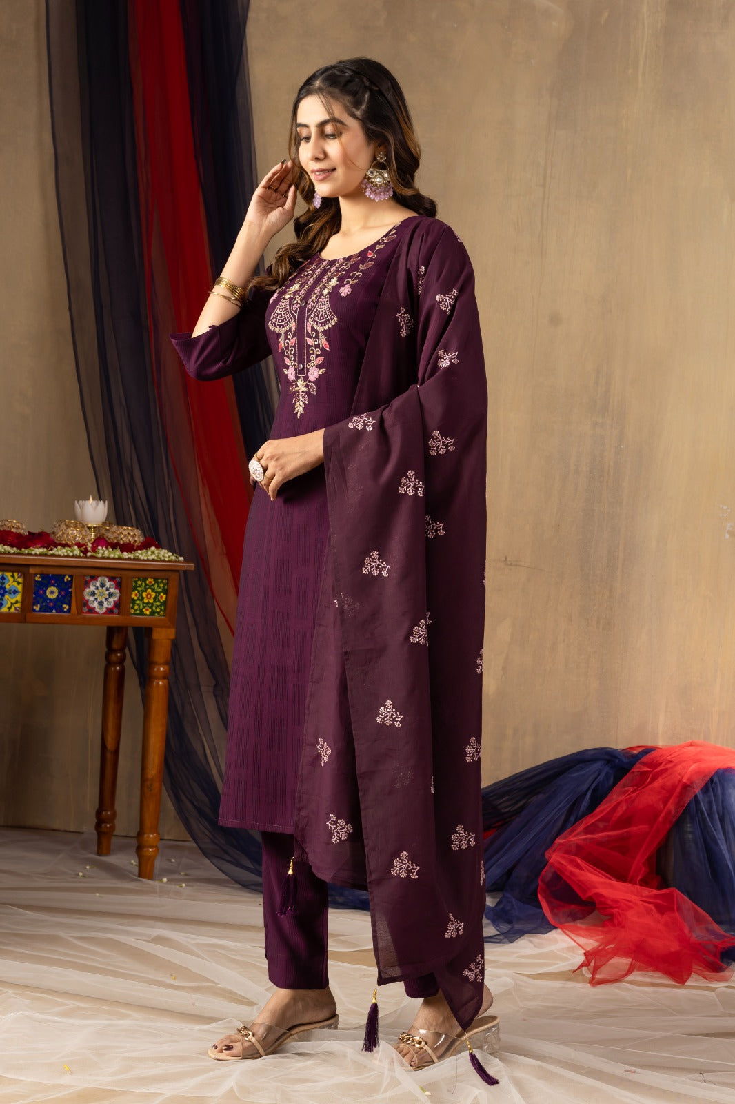Wine viscose salwar suit with dupatta price