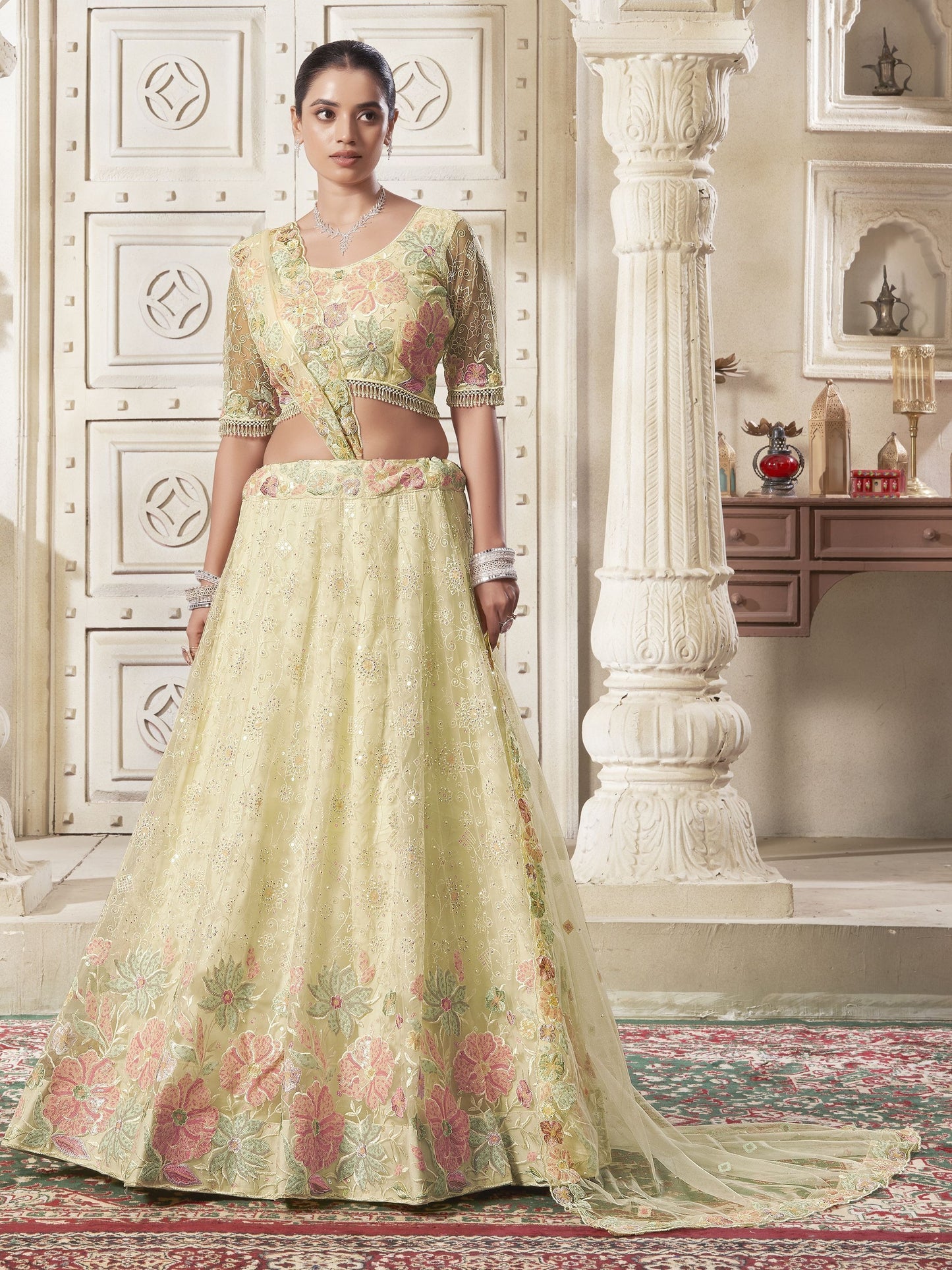 Yellow premium net lehenga choli for women with price