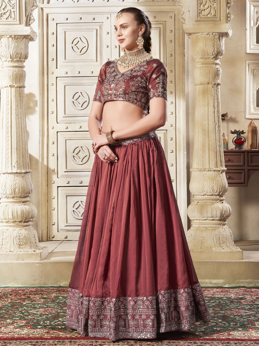 Brown premium net lehenga choli for women online shopping