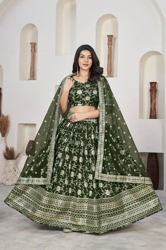 Simple mehendi color dola jacquard lehenga choli for women