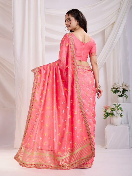 Peach color vichitra silk saree for wedding