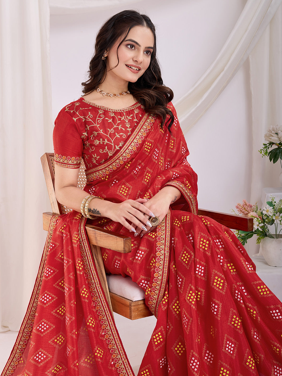 Red color vichitra silk saree for wedding