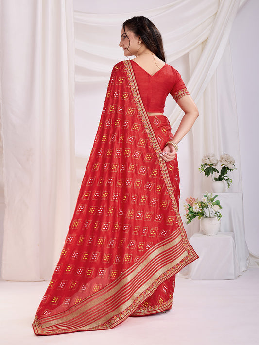 Red color vichitra silk saree with blouse price