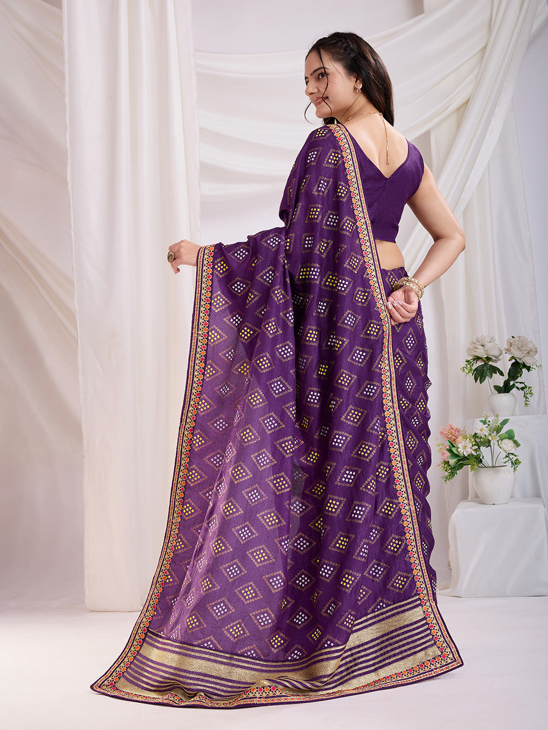 Violet color vichitra silk saree with blouse online