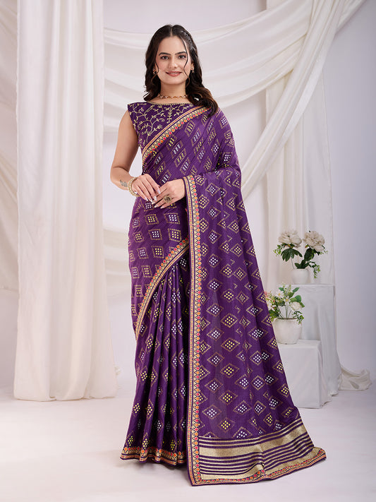 Violet color vichitra silk saree for wedding