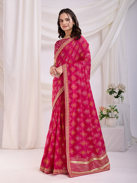 Pink color vichitra silk saree for wedding
