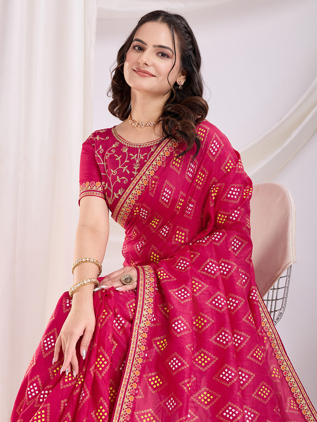 Pink color vichitra silk printed saree with blouse price