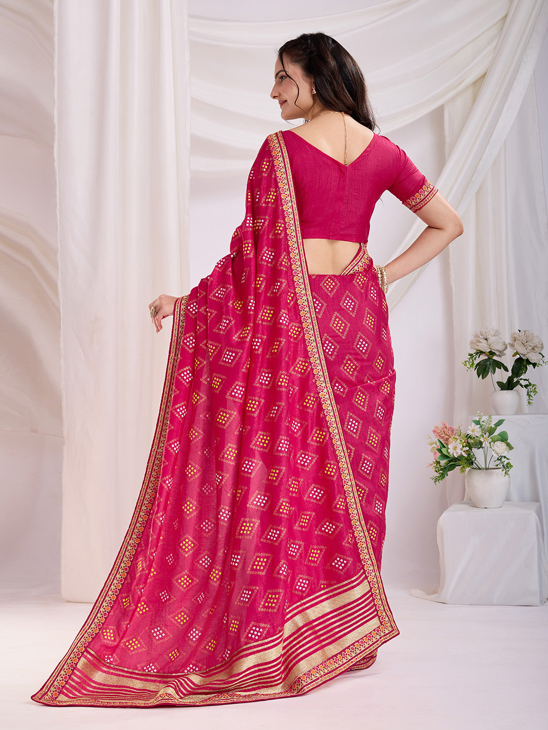 Pink color vichitra silk saree with blouse online