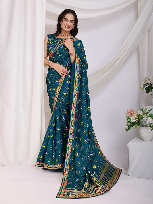 Teal blue color vichitra silk saree with blouse