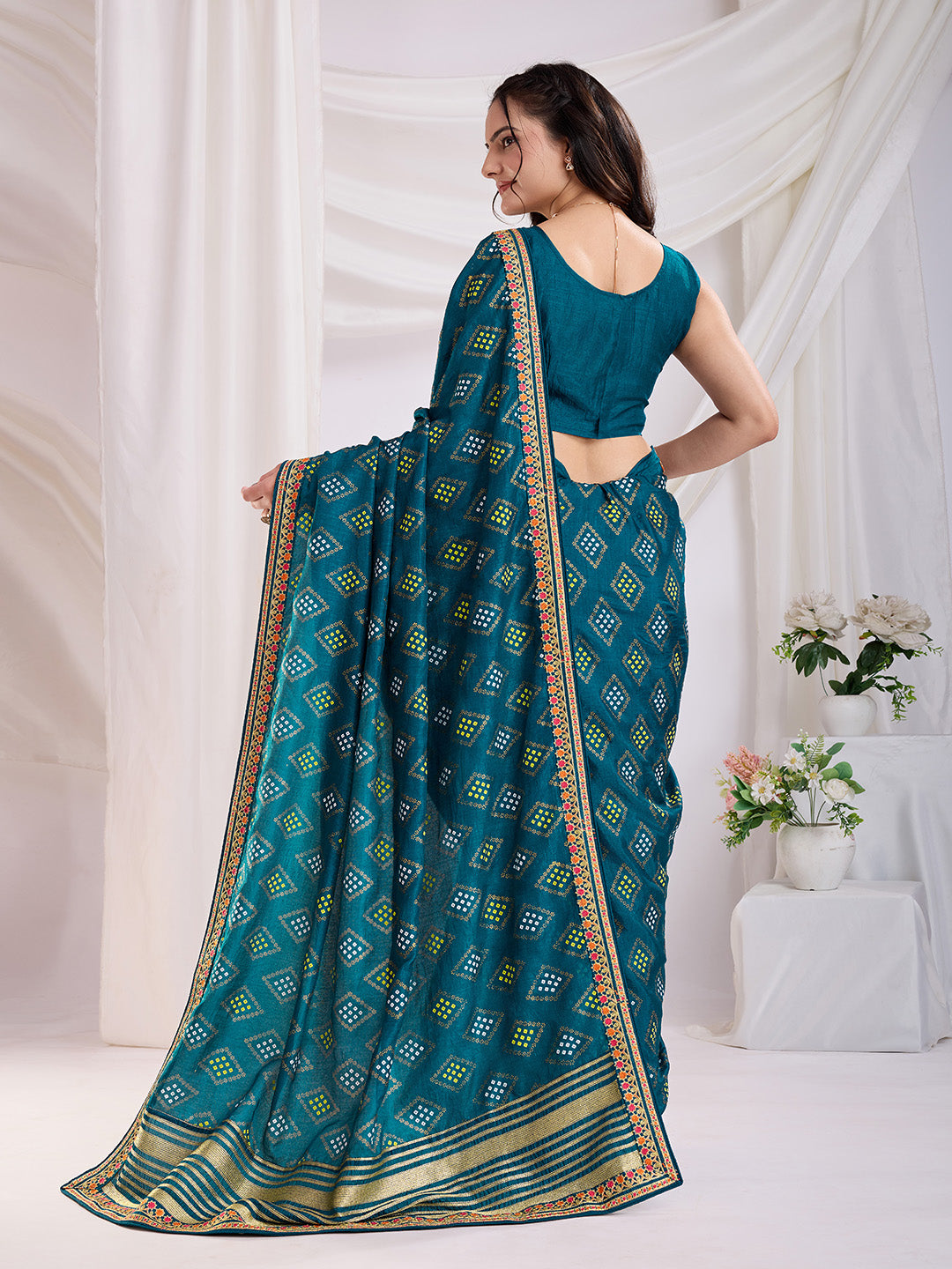 Teal blue color vichitra silk saree with blouse price