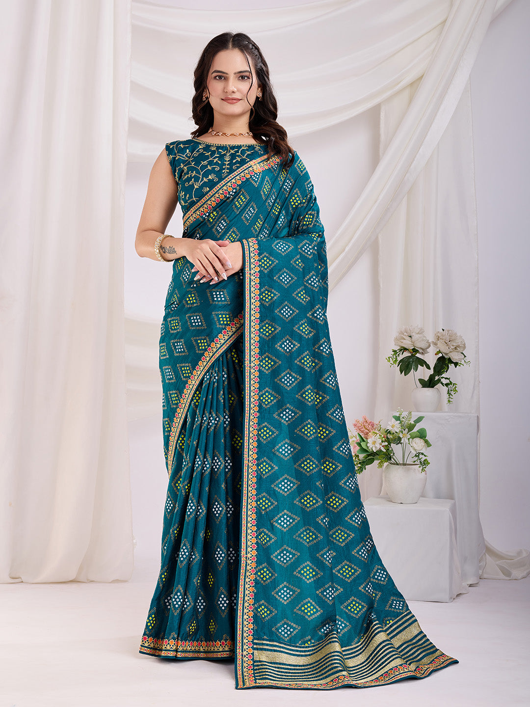 Teal blue color vichitra silk saree for women