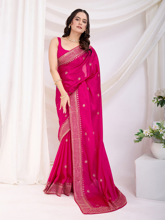Pink color chinon silk saree for women