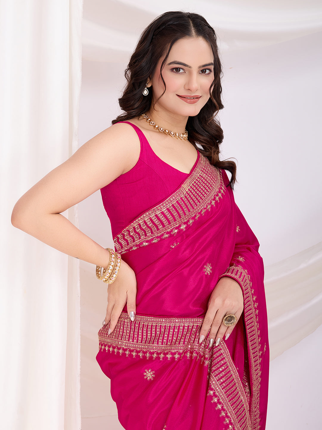 Pink color chinon silk saree for wedding