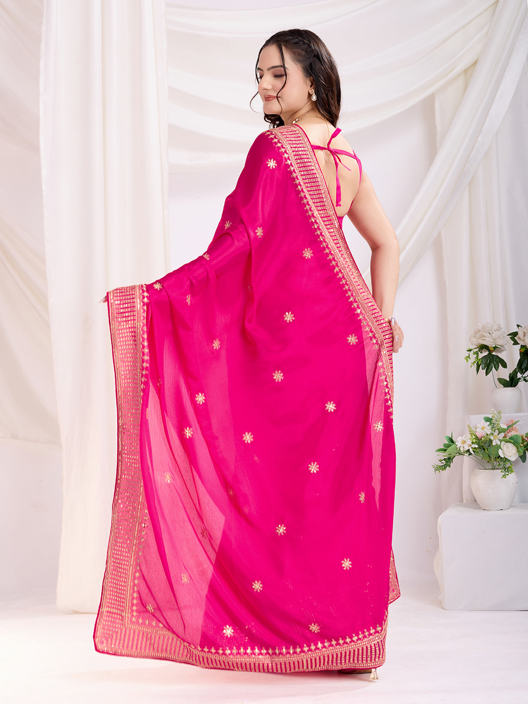 Pink color chinon silk saree with blouse