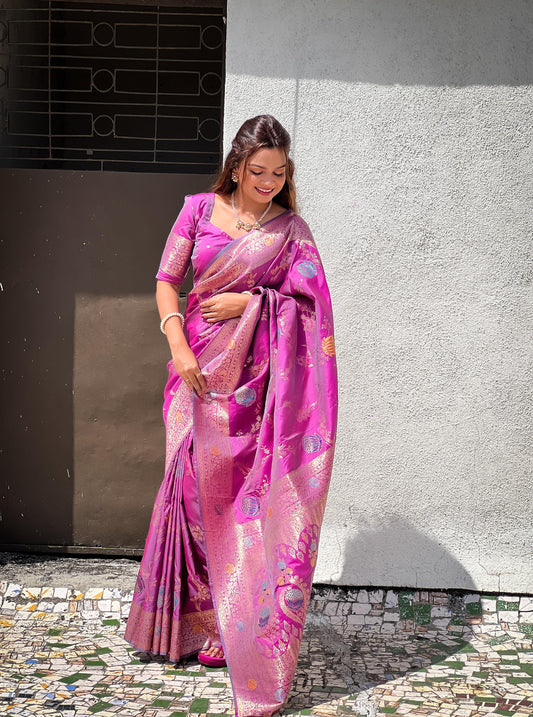 Pink color banarasi silk saree for women