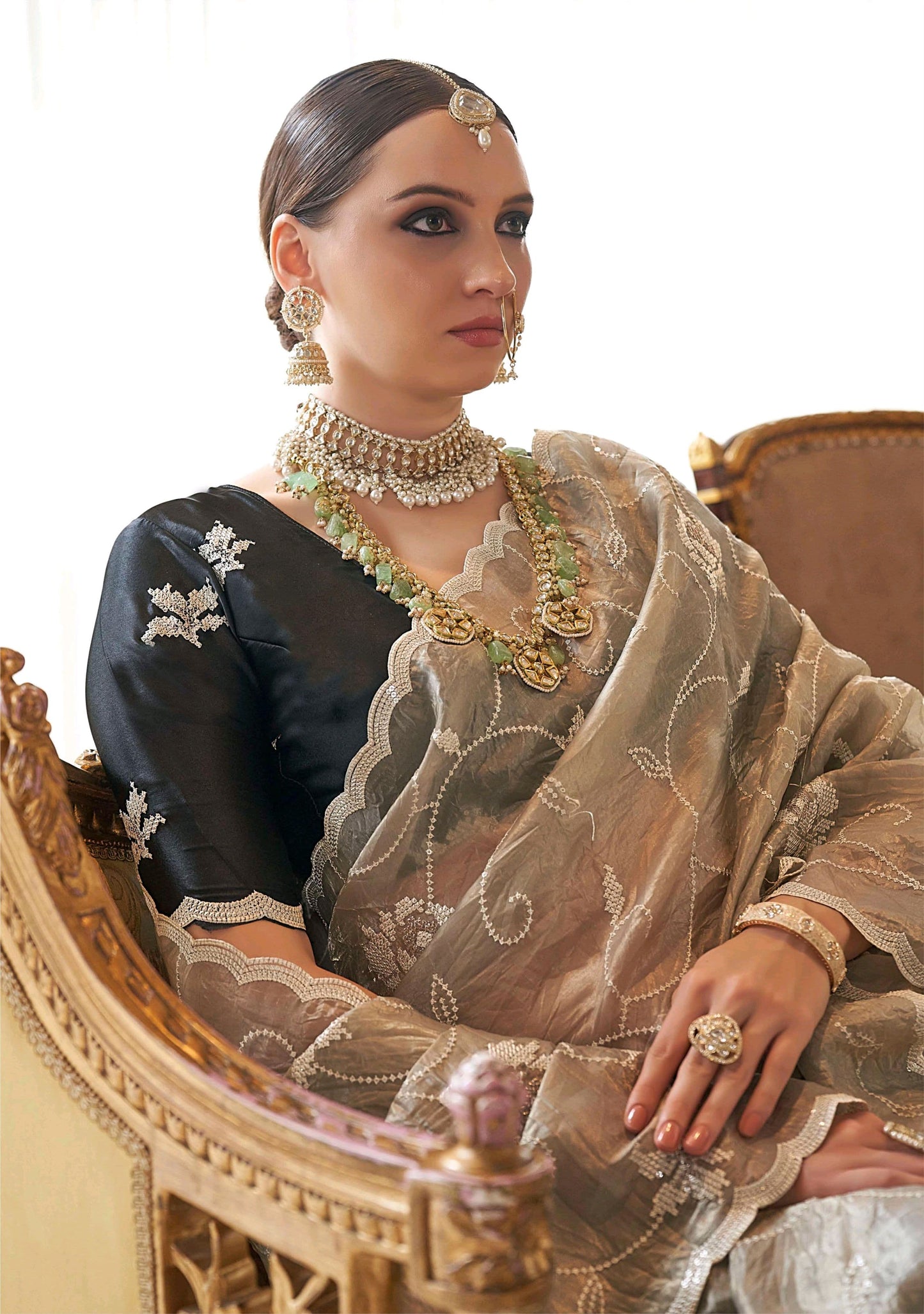 Black color tissue saree for women online shopping