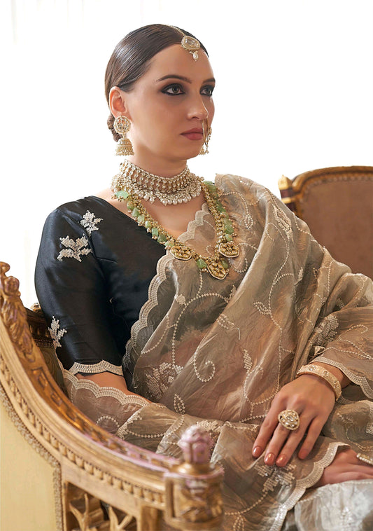 Black color tissue saree for women online shopping