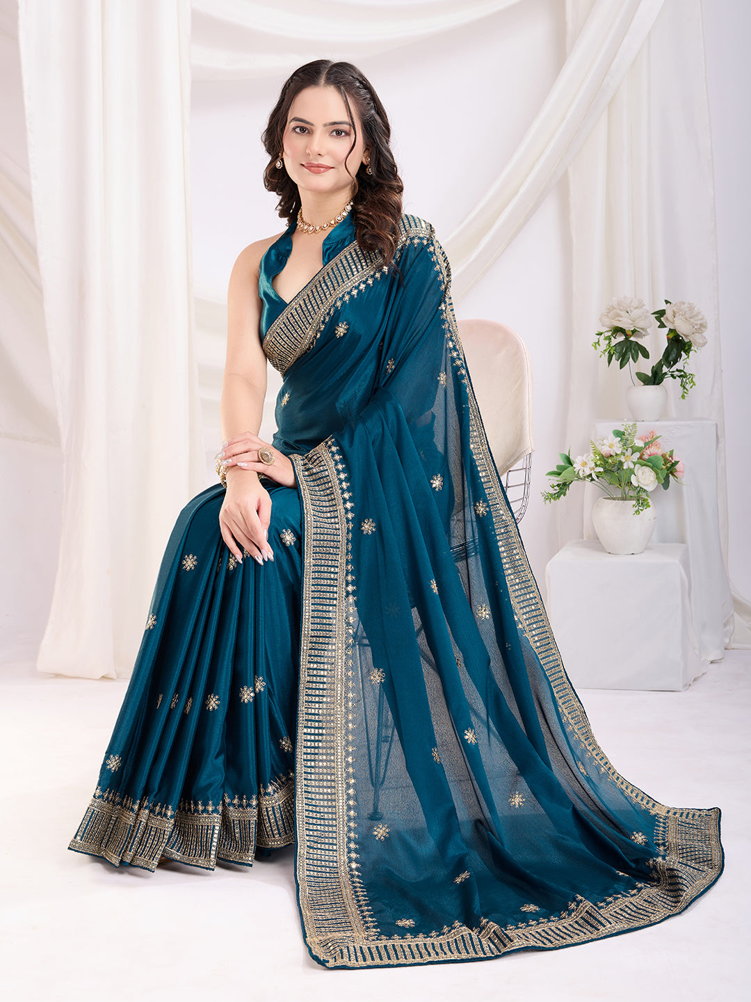 Teal blue color chinon silk saree with blouse with images
