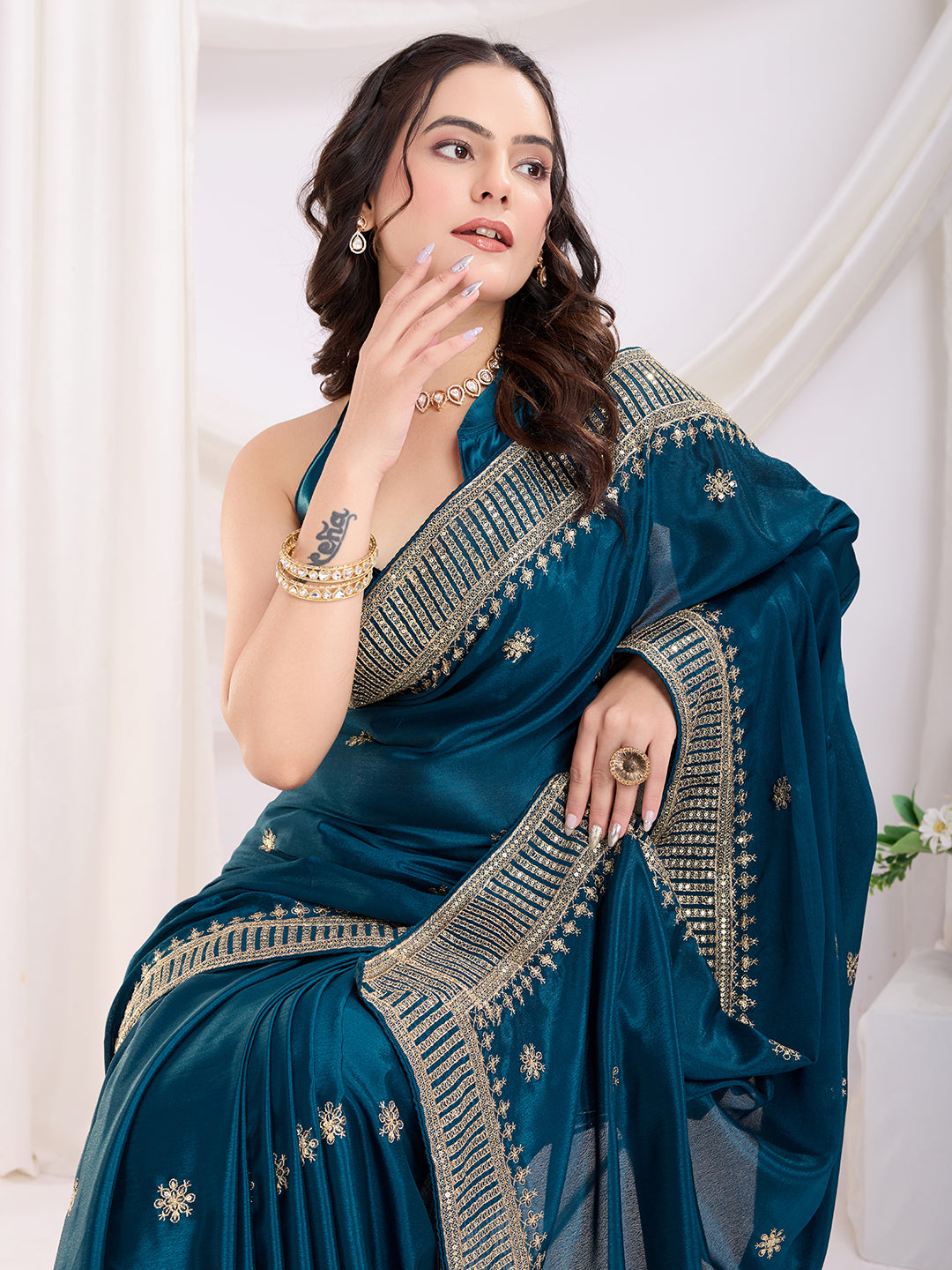 Teal blue color chinon silk saree with blouse for party