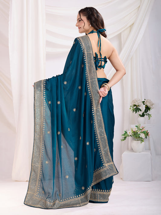 Teal Blue color chinon silk saree with blouse with price
