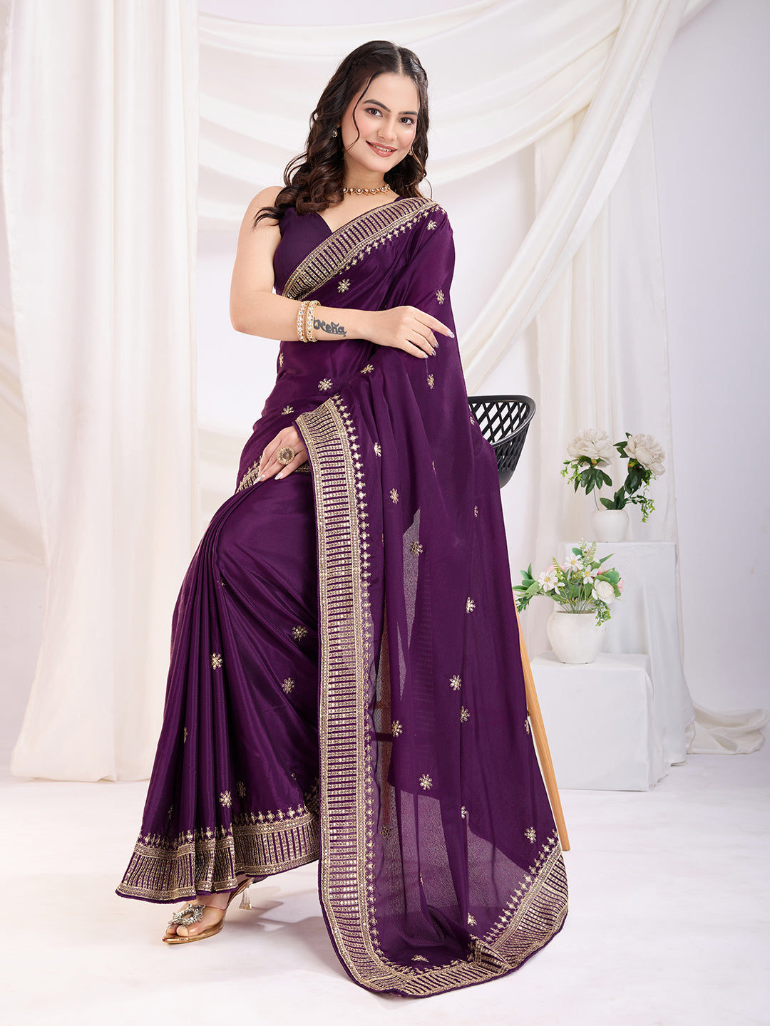 Violet color chinon silk saree with blouse online