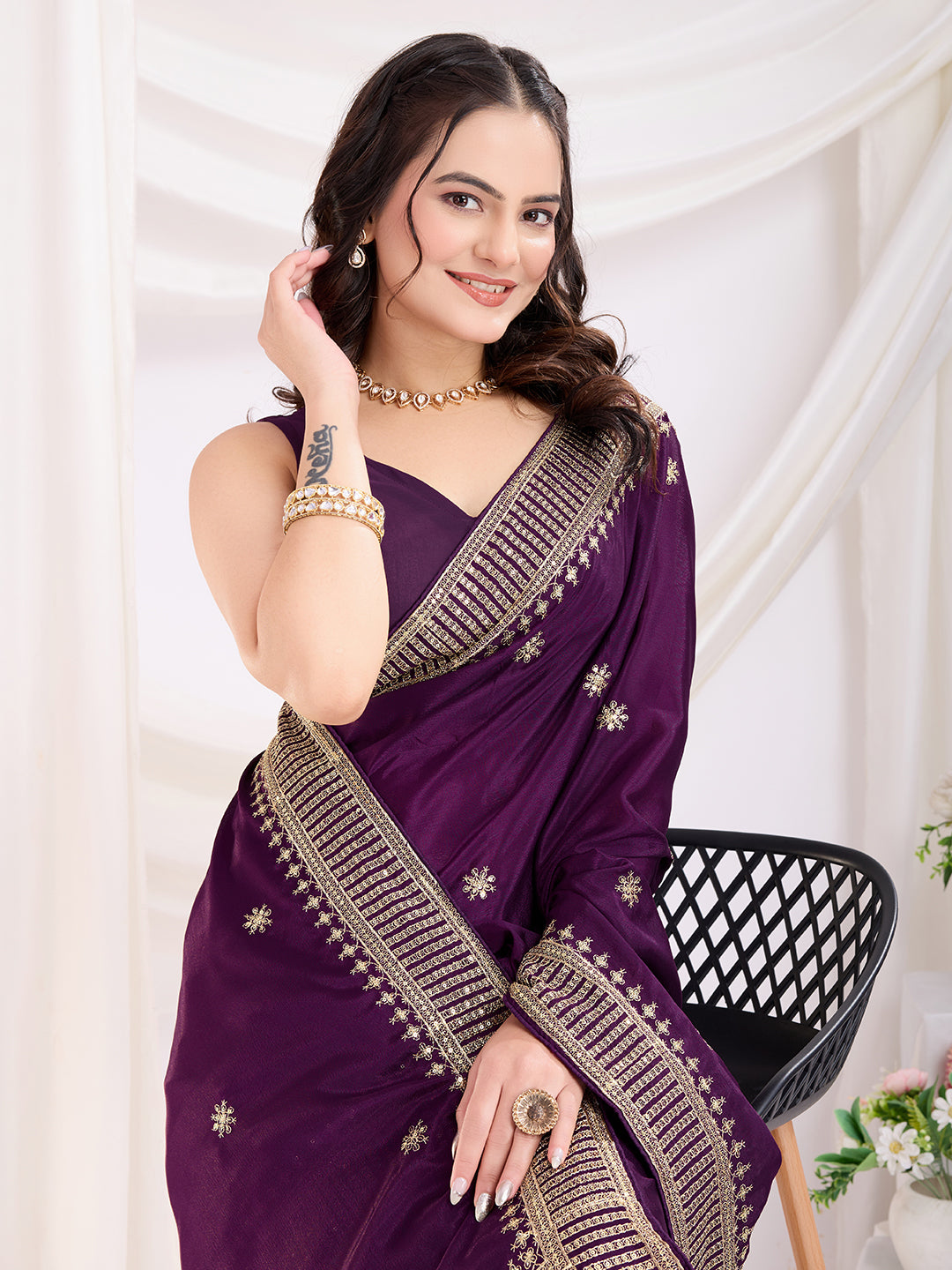 Violet color chinon silk saree with blouse price