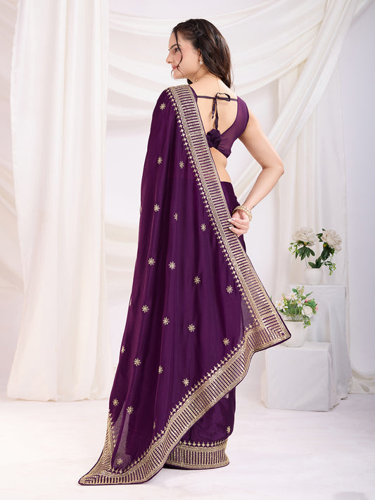 Violet color chinon silk saree with blouse