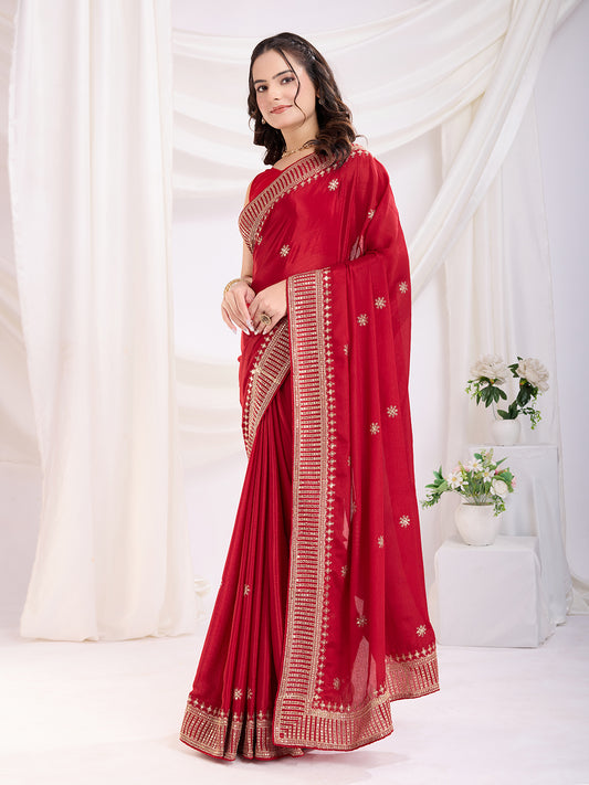 Red color chinon silk saree for wedding