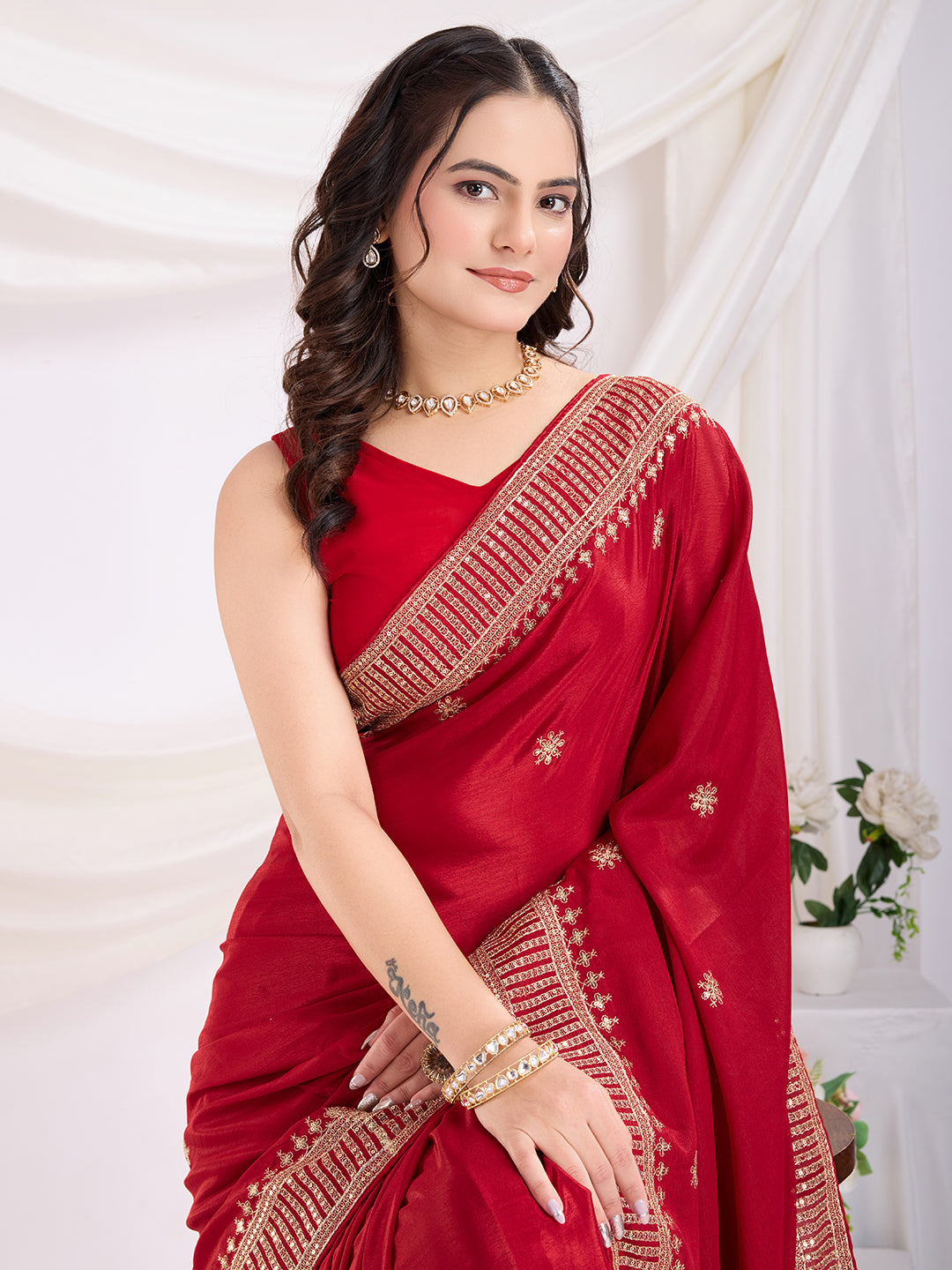Red color chinon silk saree with blouse online shopping