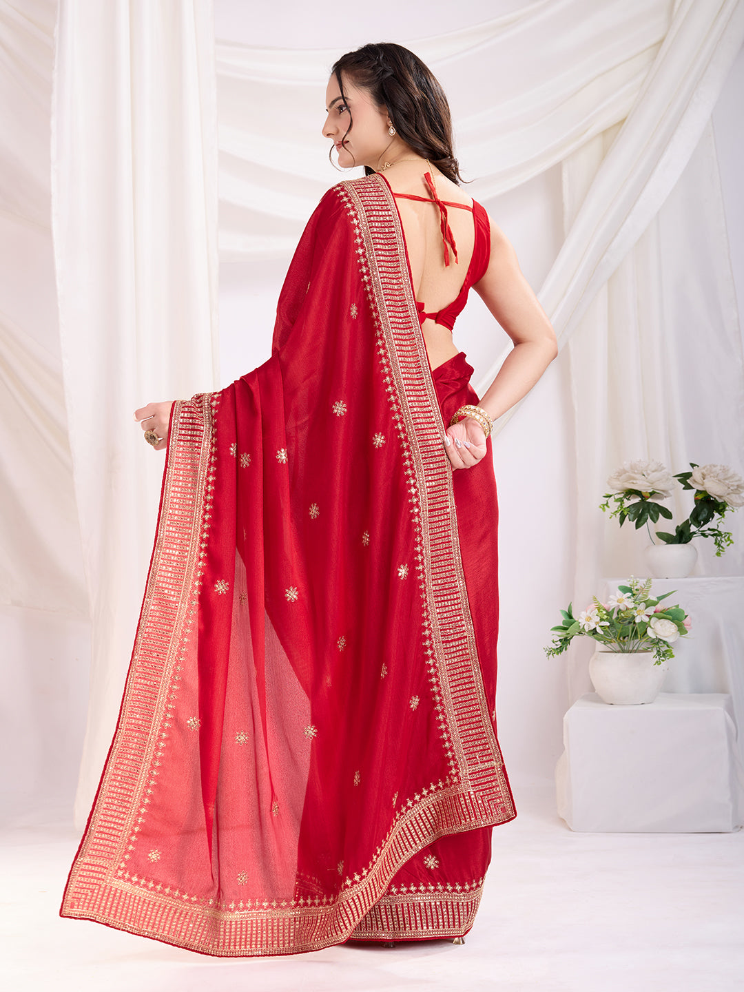 Red color chinon silk saree with blouse online